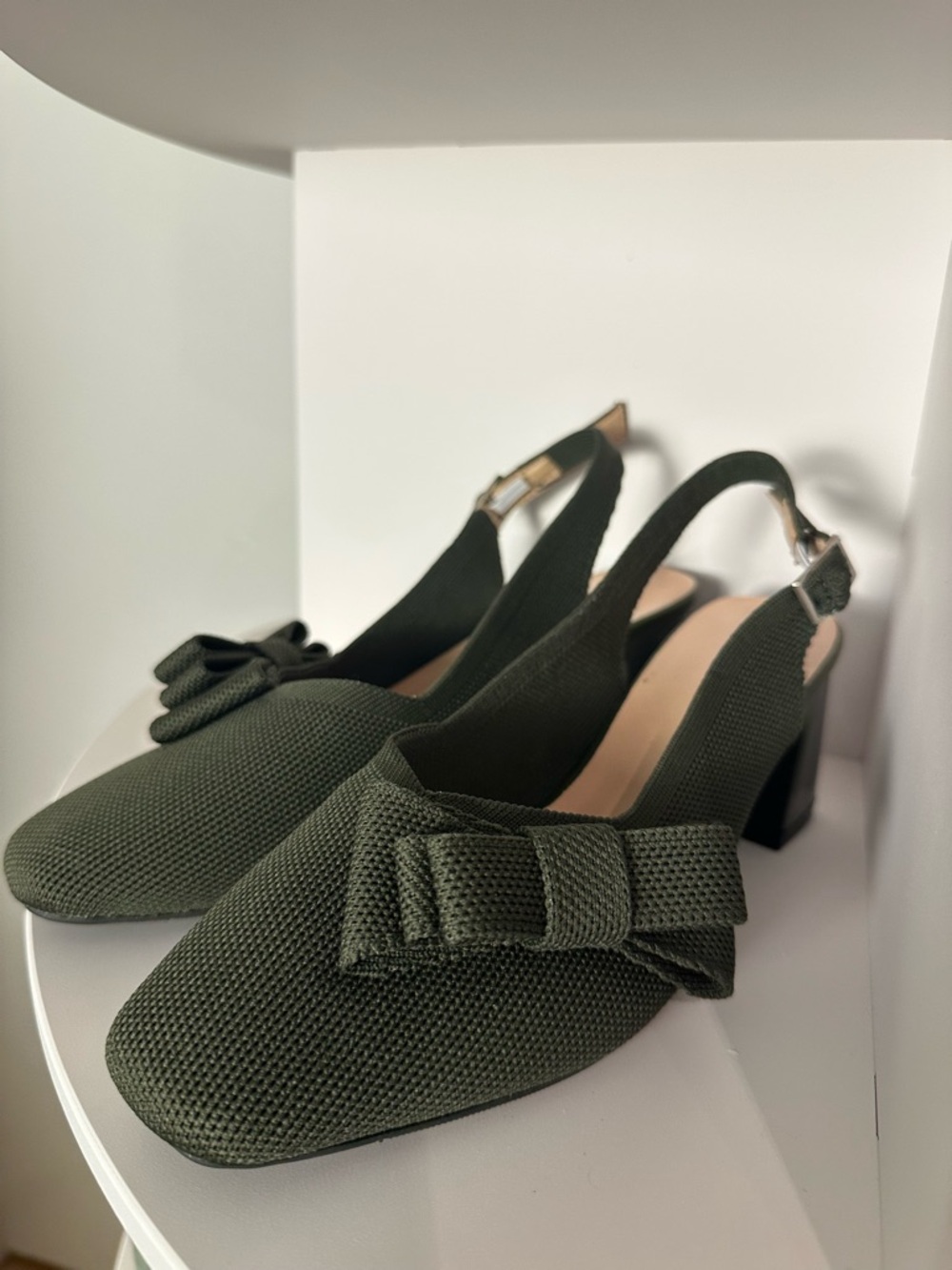Women’s Olive Green Slingback Bow Block Heel Pumps